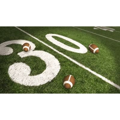 Three animated footballs falling and bouncing on a football field.
