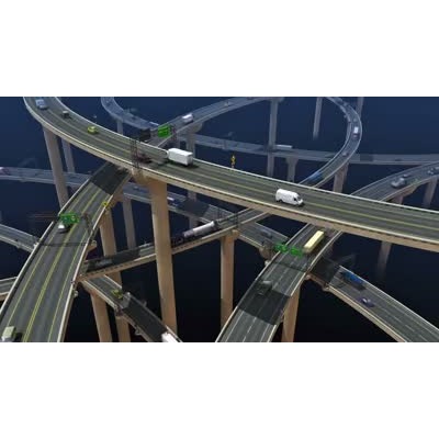 Cars and trucks navigate a mess of roads going many directions.