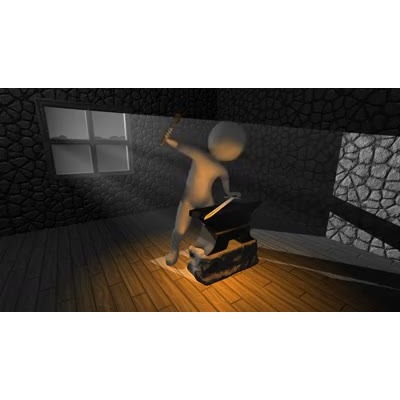 A blacksmith character uses a hammer to pound and shape a glowing red-hot sword blade.