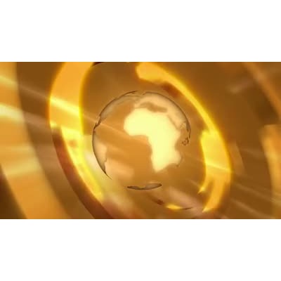 A stylized golden globe spins in the center of a circular abstract pattern of golden light.