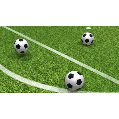 Three soccer balls drop on to a grassy soccer ball field.