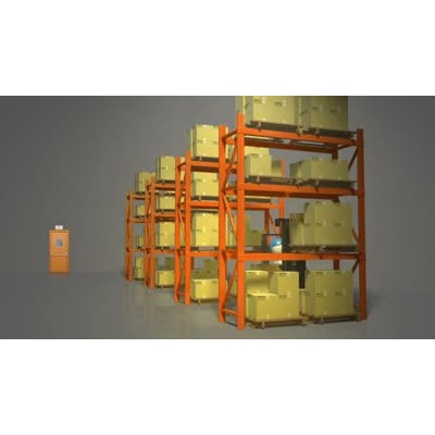 This video shows an animated reach truck moving pallets of boxes inside of a warehouse.