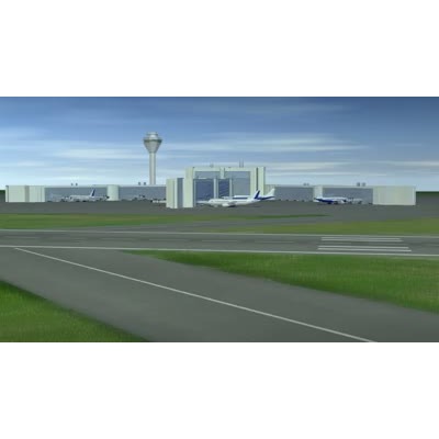 This video shows an airport with animated planes landing and taking off.