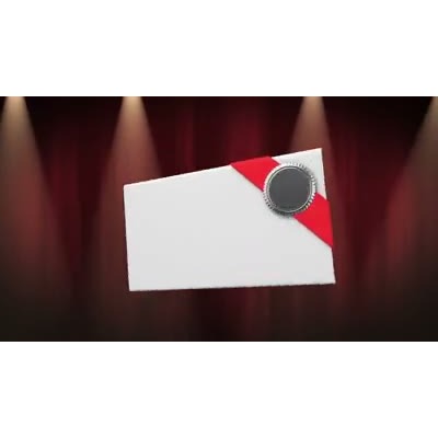A official sealed envelope opens to reveal a ornate document or stationery.  A concept of opening the envelope to reveal the winner of a contest or award.