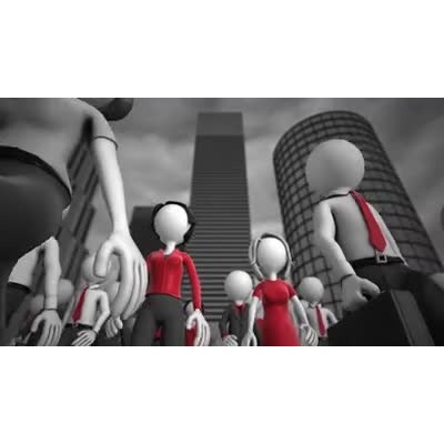 A group of business workers march downtown.