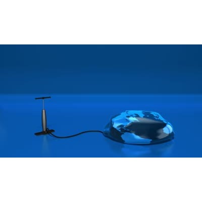 A business man uses an air-pump to inflate a globe that has collapsed.