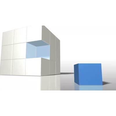 a concept video background shows a cube of white blocks with a piece missing out of it.  The missing spot is then filled by a blue block sitting away from the group.