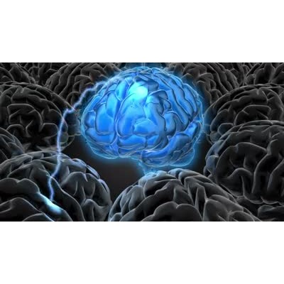 A blue brain drains electricity from the surrounding brains. This clip-art can represent gathering information.