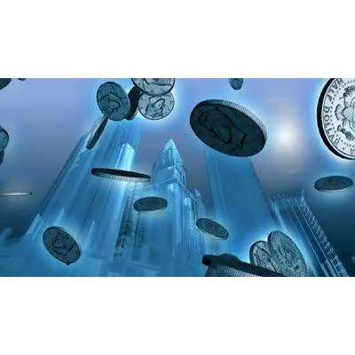 A video background where half dollars fall in front of a city backdrop