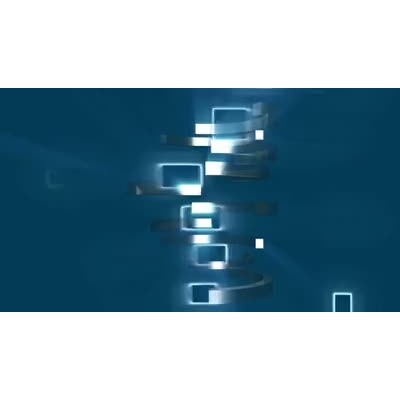 Silver rings rotate in front of a blue background while boxes flash on and off the screen