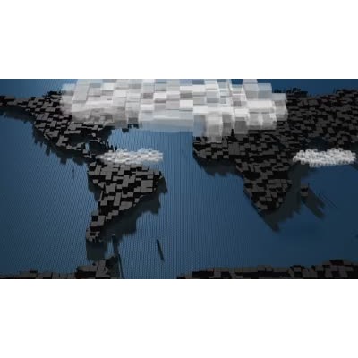 Clouds of cubes move over a world made of boxes.