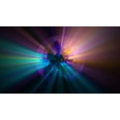 A sphere rotates around emitting different colors.