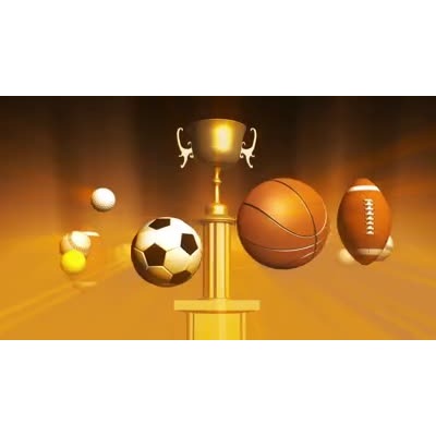 A trophy is shown rotating while different balls from different sport bounce around.