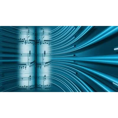 Sheet music is shown while a decorative background rotates around it. 