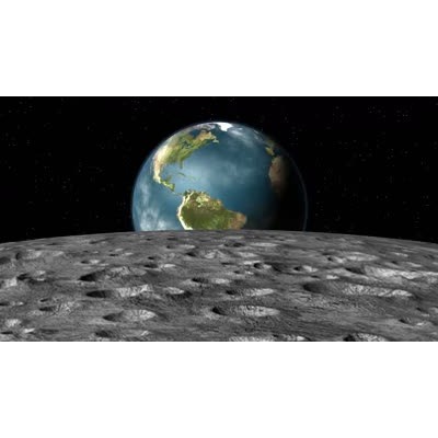 The earth seen on the horizon of the moon as we fly over a barren landscape of craters.