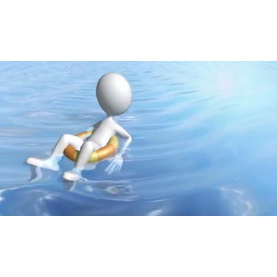 A 3D stick figure relaxes in an inner tube in a pool.