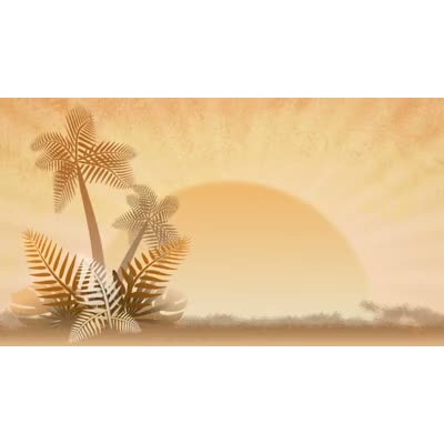 A tropical summer sunset with palm trees and tropical leaves silhouetted against the setting sun. 