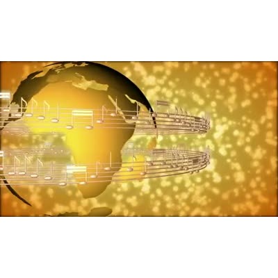 Music notes are shown rotating around earth while earth also rotates in the opposite direction