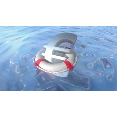 A euro financial symbol rests inside a ring life preserver floating in a pool of water.  A concept of rescuing the euro from its debt crisis.