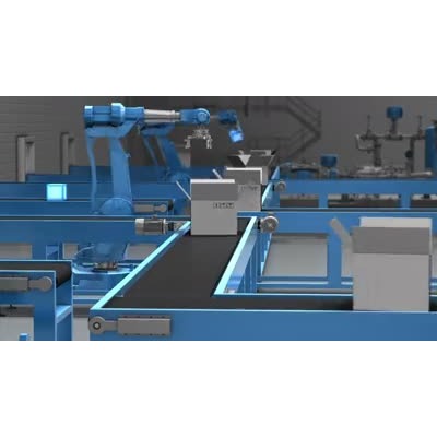 A line of robotic arms place products in boxes as they move on a conveyor belt.