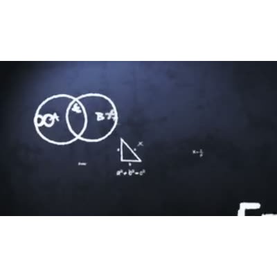 A series of mathematics equations, formulas, and diagrams slowly lift off of a chalkboard like background.