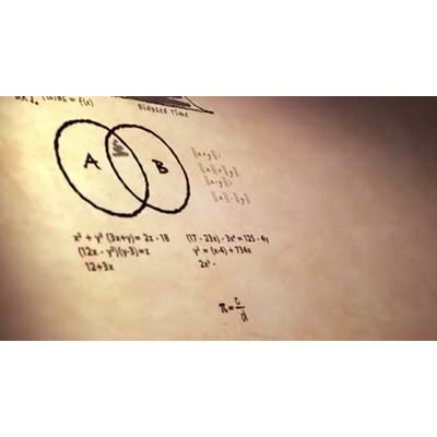 Various mathematical equations and diagrams animate on a parchment in this science and technical education video background. 