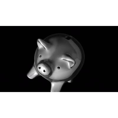 A piggy bank falls and shatters revealing a single gold coin inside.