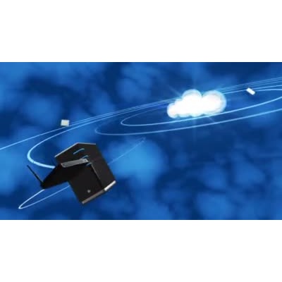 Different digital devices orbit a cloud. This clip-art can represent how digital devices can revolve around cloud computing