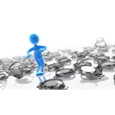 A scared figure stands among a group of steel traps constantly snapping in the air.