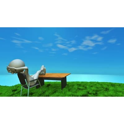 In the video a stick figure kicks its feet up on a desk while leaning back in a chair overlooking the ocean on a grassy cliff.
