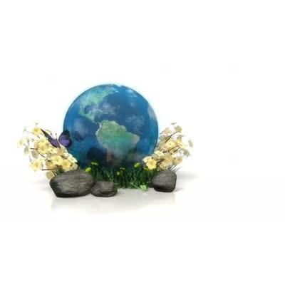 A globe sits in a meadow with flowers surrounding it as a butterfly flutters around.