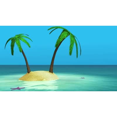 A small secluded island in the middle of the ocean with two palm trees on it.