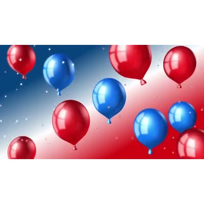 Blue and red balloons rise as white confetti falls in this patriotic video.