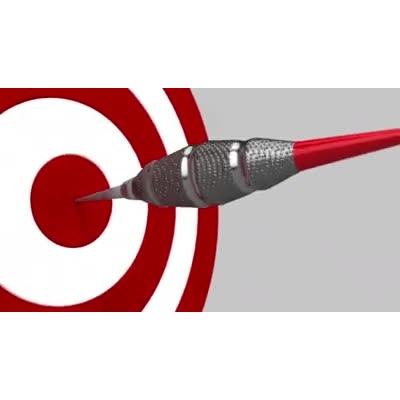 A dart flys toward the center of a target in slow motion in this video background.