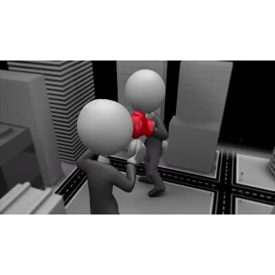 Two business figures strap on the gloves and duke it the downtown of a city.