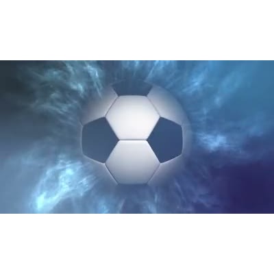 A soccer ball is shown spinning in front of a abstract background