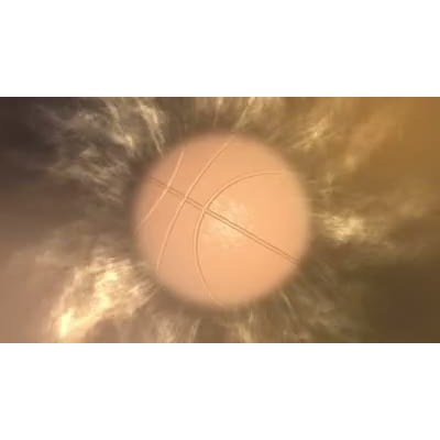 A basketball is shown rotating in front of a abstract background