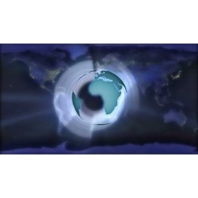 An airplane is shown flying over the earth at night showing all the lights of the world