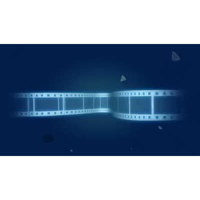 A single reel of film is shown moving in front of a blue abstract background