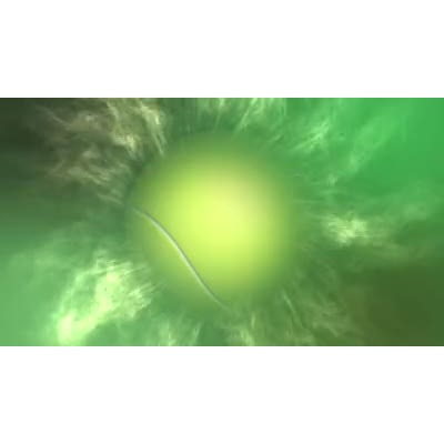 A tennis ball is shown rotating in front of a green abstract background.