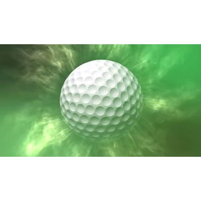 A golf ball is shown rotating in front of an abstract green background