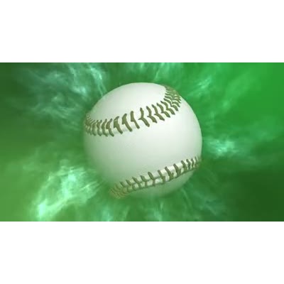 A baseball is shown rotating in front of a green abstract background