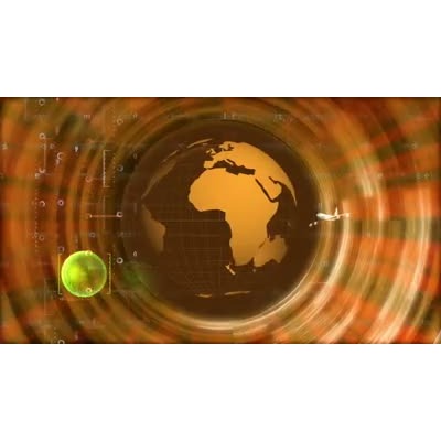 A airplane is shown flying around an abstract background.