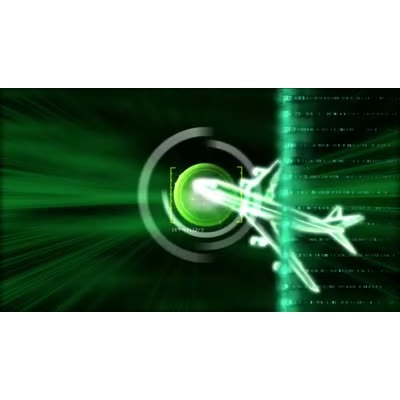 A airplane is shown flying in front of a green background with radar on it.