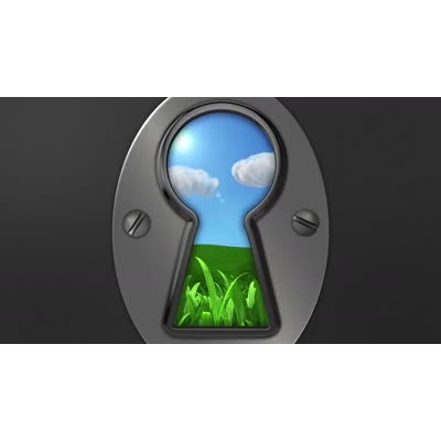 The video animation shows a keyhole and though it is a world of serenity with blue sky, clouds and a green grassy field.