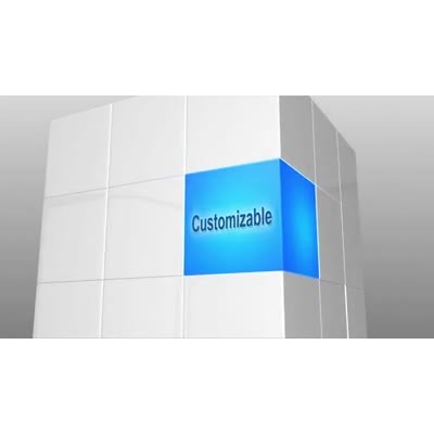 a concept video background shows a cube of white blocks with a piece missing out of it.  The missing spot is then filled by a blue block sitting away from the group. Customiable text on both sides of the cube.