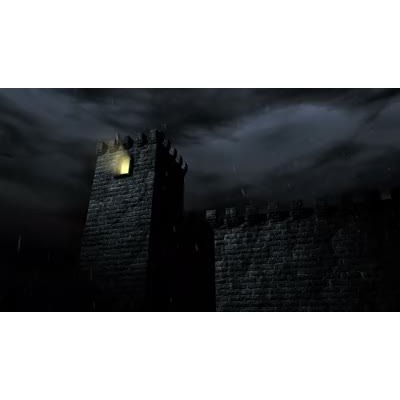 A light shines from a castle window during a stormy night as rain falls and lightning strikes.