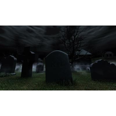 Fog rolls through the tombstones of a dark cemetery.