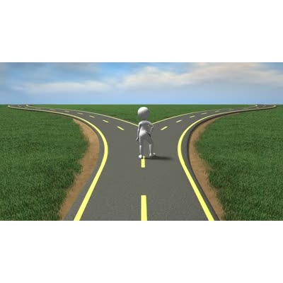 An Animated Video of a stick figure coming to a crossroad trying to decide which way to go.