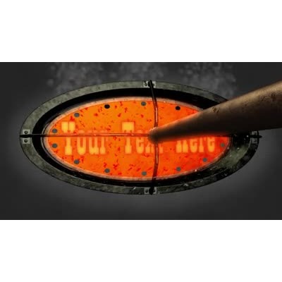 A branding iron comes in and burns text into a metal texture. You can add your own words to be branded.